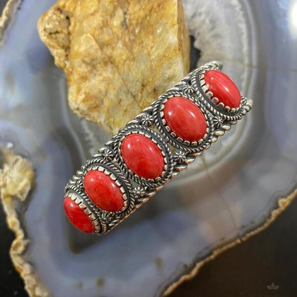 Carolyn Pollack Vintage Southwestern Style Sterling Silver Coral Row Bracelet - Picture 2 of 10
